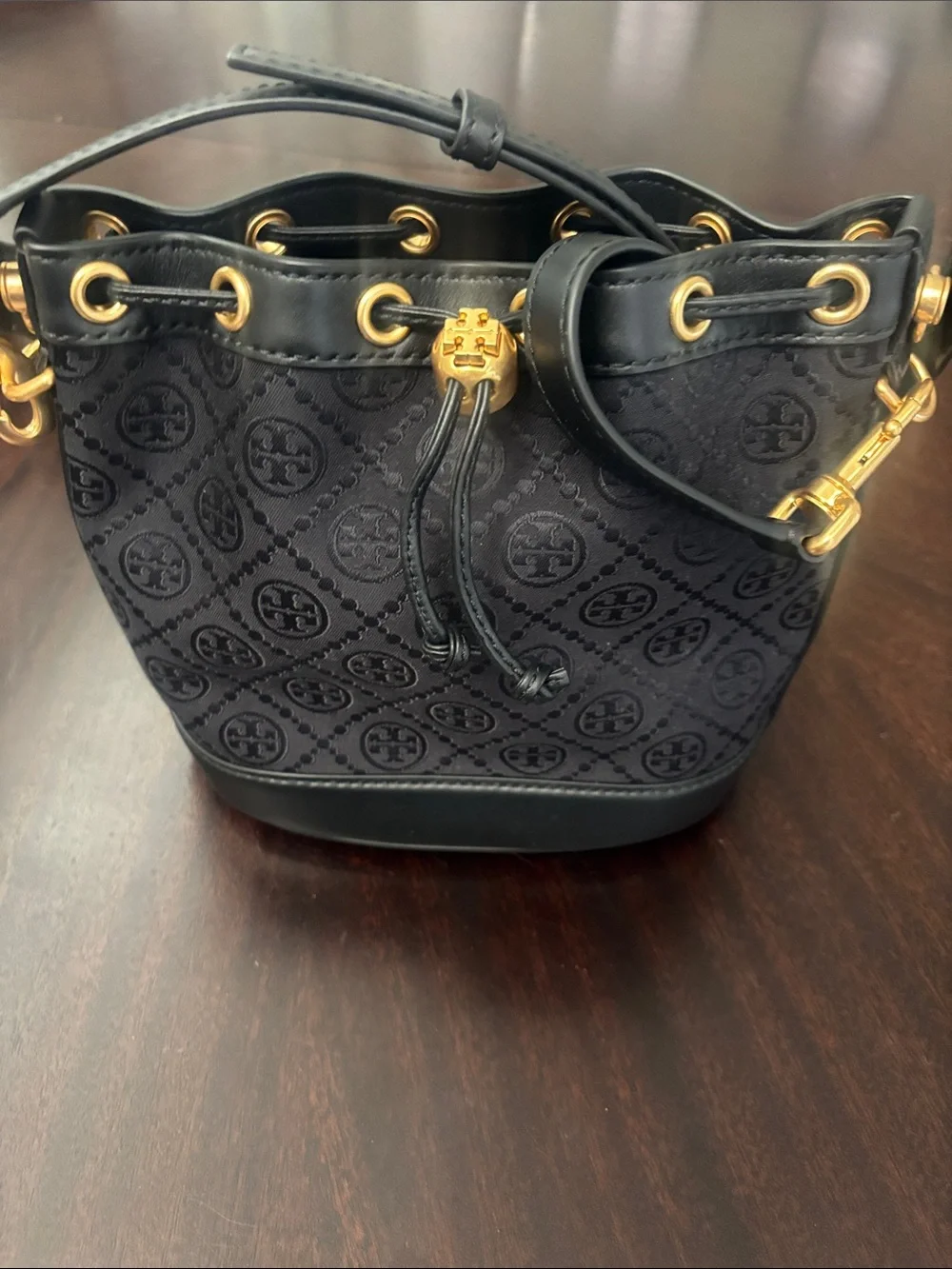 Tory Burch Black Logo Drawstring Mini Bucket Bag with Gold Hardware